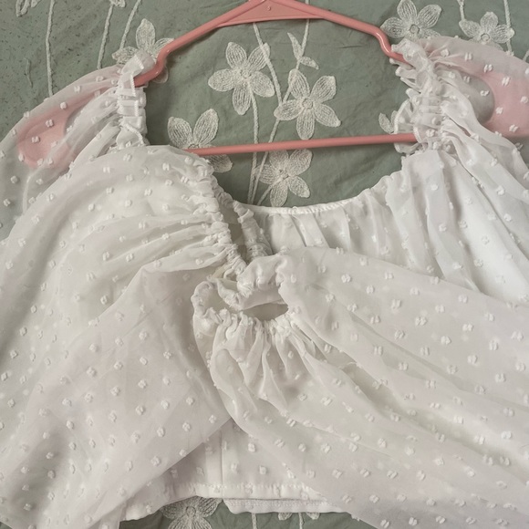 “Swiss Dot Lettuce Trim Crop Milkmaid Blouse” - Picture 6 of 6